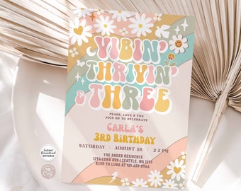 Editable Groovy 3rd Birthday Invite Daisy Vibin' Thrivin' And Three Hippie 70's Retro Birthday Invitation Instant Download 665K9 (3)