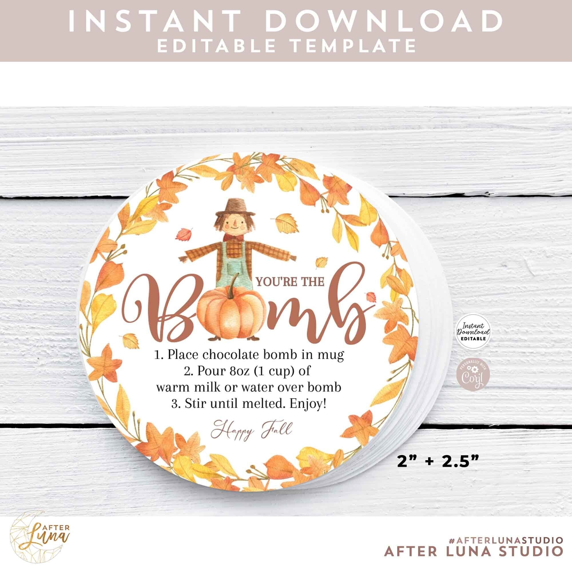 EDITABLE Fall scarecrow Bomb Tag Pumpkin Hot Chocolate Bomb Hot Cocoa Bombs Tags Sticker Labels Printable Template Instant Download 825