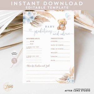 Bewerkbare Blauwe Pampas Gras TeddyBeer Baby Voorspellingen Advies Boho We Kunnen Beary Wachten Baby Shower Digitaal Afdrukbare Instant Download 904V3
