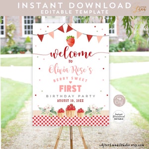 Editable Strawberry Berry Sweet Birthday Baby Shower Sprinkle Welcome Yard Sign Strawberry Theme Printable Template Instant Download AL1483