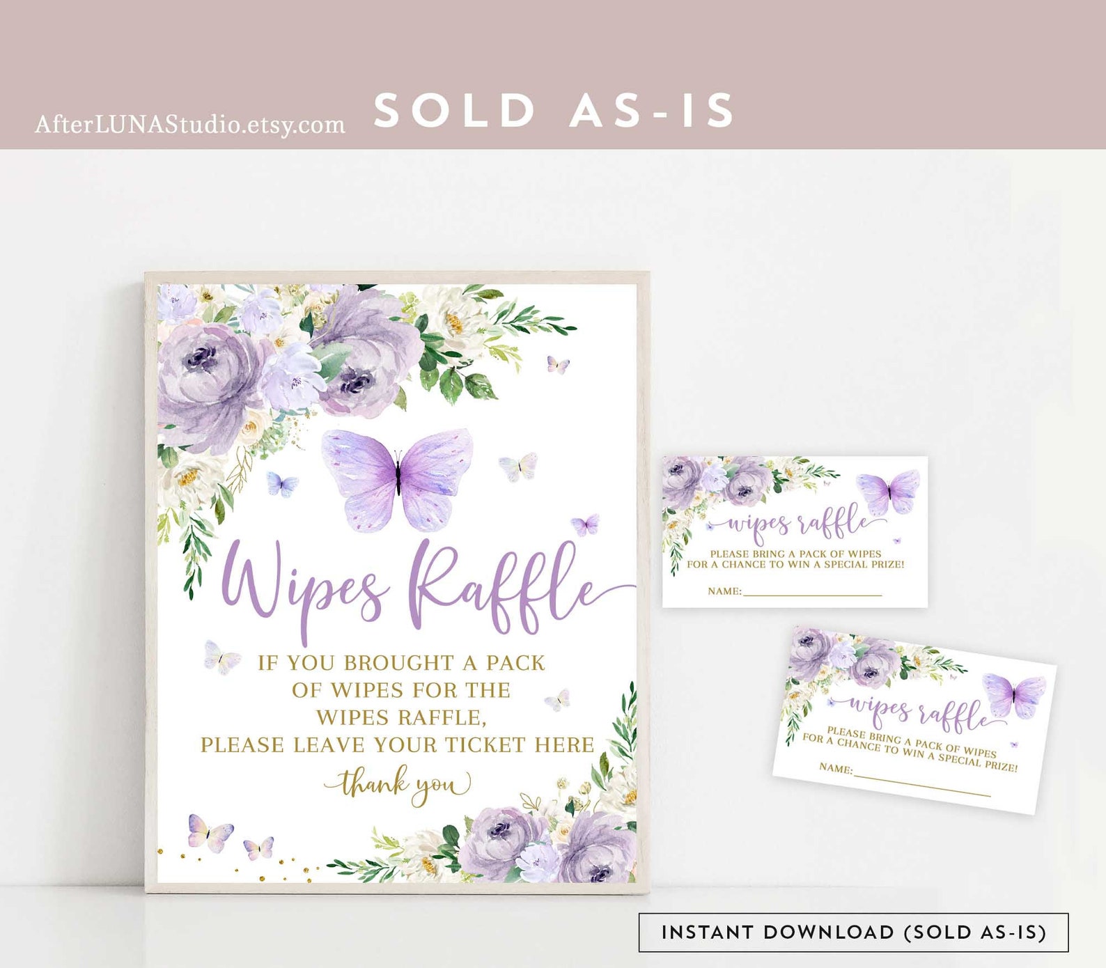 Purple Gold Butterfly Baby Wipes Raffle Sign and Ticket Printable ...
