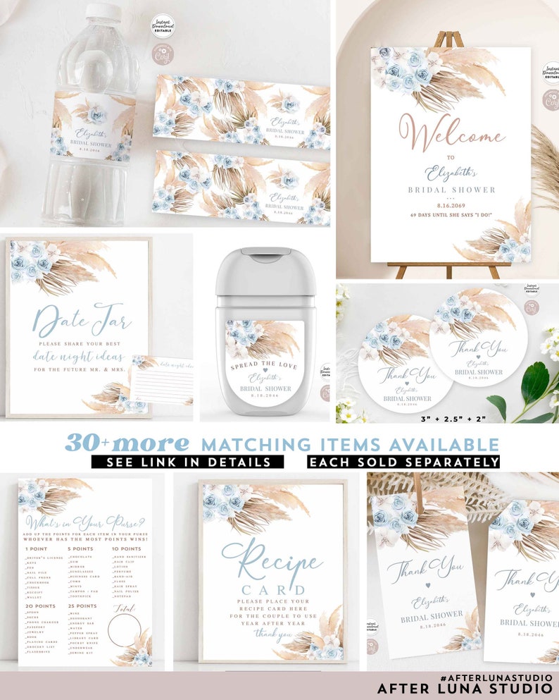 Editable Blue Pampas Grass Bohemian Boho Baby Bridal Shower Thank You ...