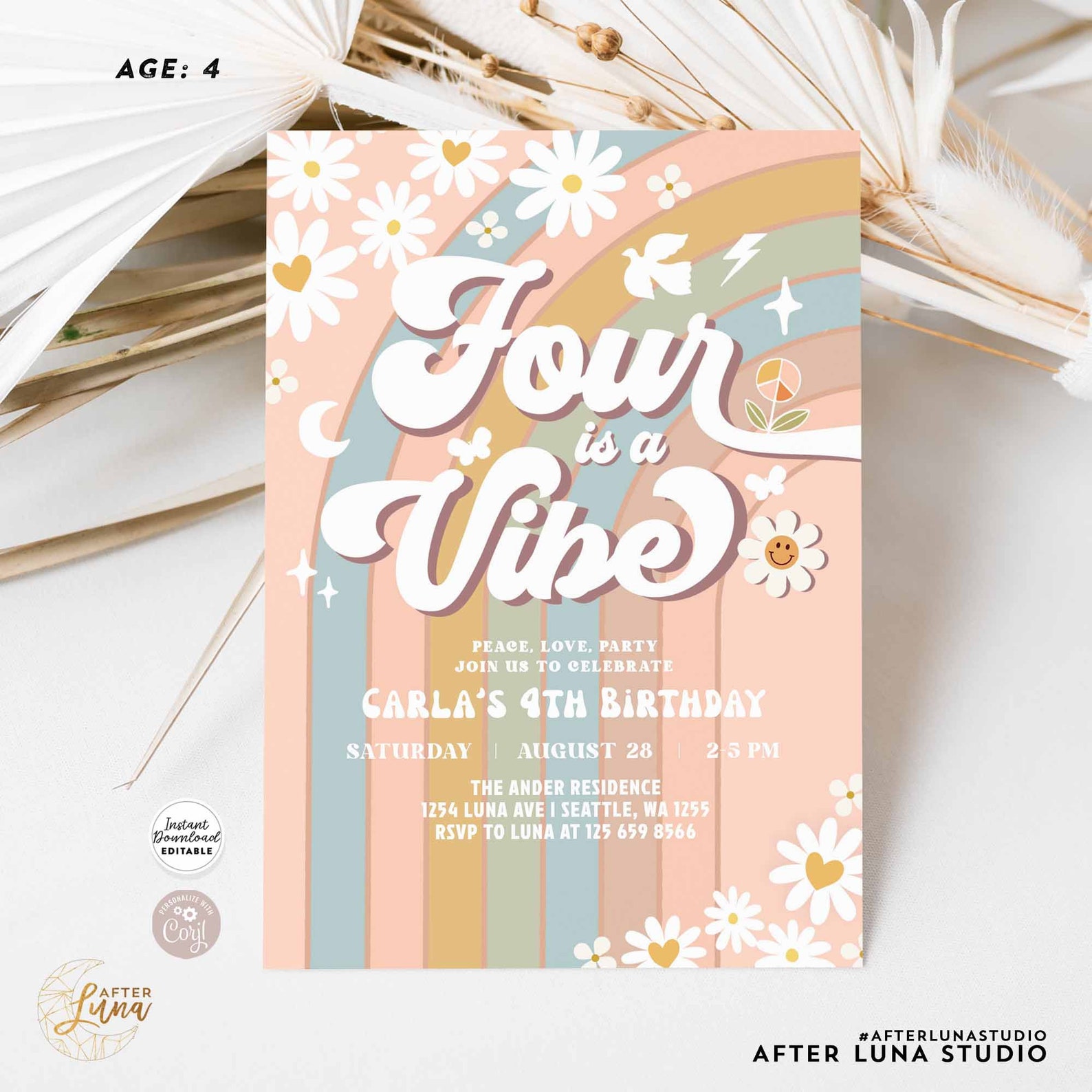 Editable Groovy 4th Birthday Invite Pastel Blue Blush Four is a Vibe ...