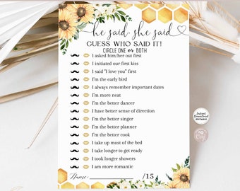 EDITABLE Sunflower Bee Bridal Shower Game Guess Who Said It He Said She Said Game Meat to Bee Bridal Shower Games Template Download 846BR1