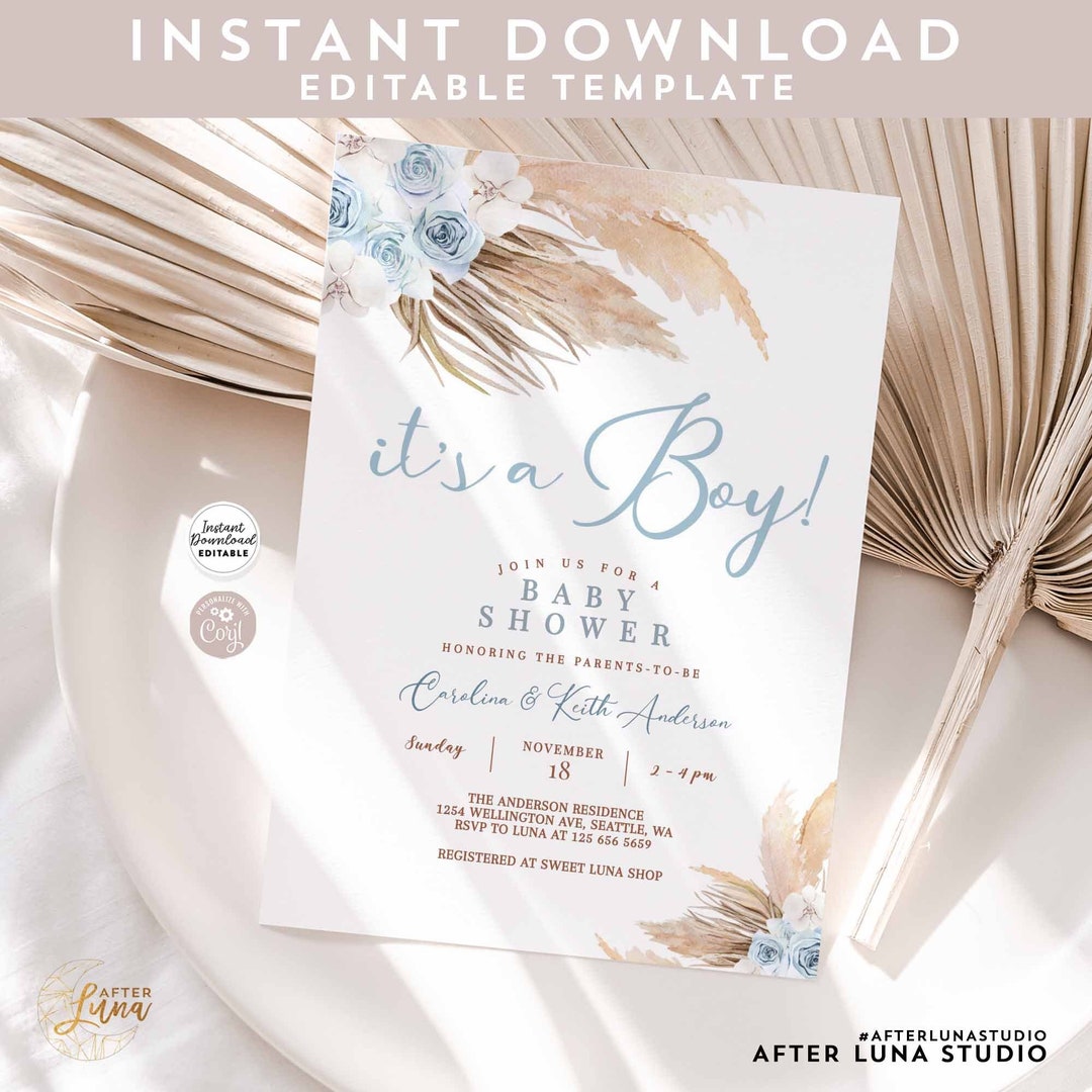 Editable Blue Pampas Grass Boho Baby Shower Invitation It's a Boy ...