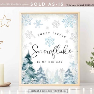 Winter Blue Snowflake Boy Baby Shower Decor A Little Snowflake is On His Way Sign Decor Decoration Printable Instant Download 120V1