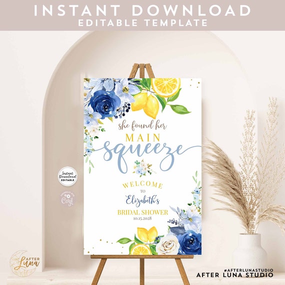 Editable Blue Floral Lemon Bridal Shower She Found Her Main Squeeze Welcome Sign Yard 24x36 18x24 16x20 Template Instant Download 157BR5