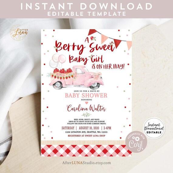 Editable Strawberry Baby Shower Invitation Berry Sweet Baby 