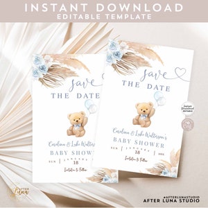 Bewerkbare blauwe Pampas gras We kunnen Bearly wachten jongen Save the Date Boho Teddy Bear Baby douche invoegsjabloon Instant Download 904V3