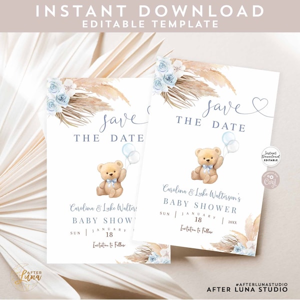 Editable Blue Pampas Grass We Can Bearly Wait Boy Save the Date Boho Teddy Bear Baby Shower Insert Template Instant Download 904V3