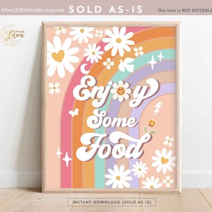 Groovy verjaardagsfeestje decor 70&#39; madeliefje eten tafel teken decor groovy regenboog hippie verjaardag decoratie afdrukbare Instant Download 633K1