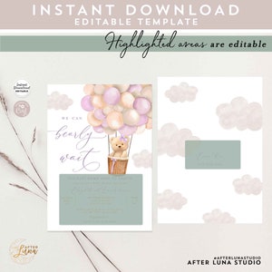 May include: A baby shower invitation with a watercolor illustration of a teddy bear in a hot air balloon with purple and peach balloons. The text reads "We can barely wait" for baby Emma Bose to arrive.