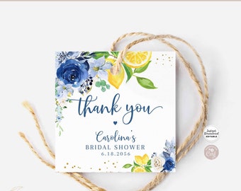 Editable Blue Floral Lemon Thank You Square Favor Tag Bridal Baby Shower Sprinkle Sip and See Square Tag Template Instant Download 157BR5