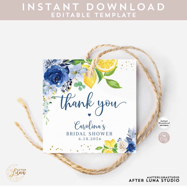 Editable Blue Floral Lemon Thank You Square Favor Tag Bridal Baby Shower Sprinkle Sip and See Square Tag Template Instant Download 157BR5