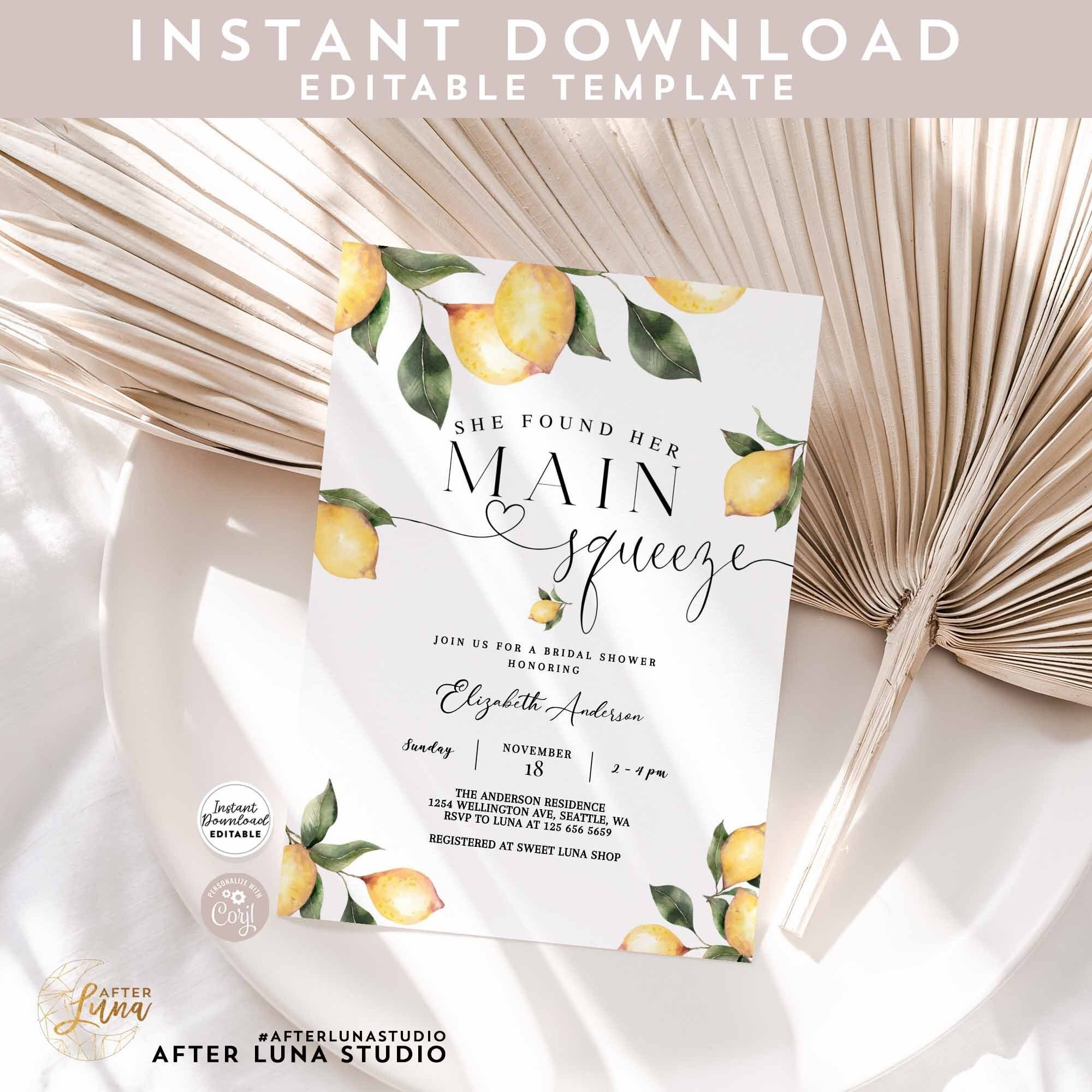 Editable She Found Her Main Squeeze Invite Rustic Lemon Bridal Shower Invitation Bridal Shower Invite Printable Instant