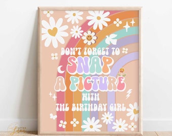 Groovy Birthday Party Decor 70' Daisy Snap A Photo With Birthday Girl Sign Decor Groovy Rainbow Hippie Printable Instant Download 633K4