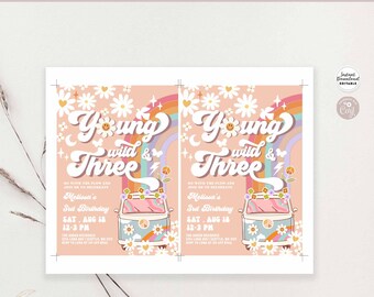 Editable Groovy Young Wild and Three 3rd Birthday Invite -  Norway