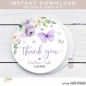 Editable Purple Lavender Butterfly  Thank You Round Circle Tag Sticker Label Butterfly Tag Labels Printable Template Instant Download 554BB