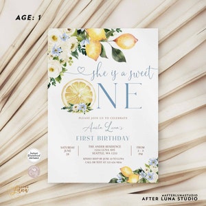 Editable Dusty Blue Lemonade First Birthday Invitation Girl Sunshine Sweet One Lemon Birthday Lemon Invite Instant Download 293K1 (1)
