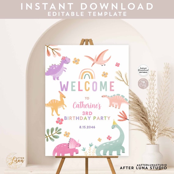 Editable Cute Three Rex Invitation Dino Birthday Welcome Sign Pink Lavender Purple Dino Party Printable Template Instant Download 284V1