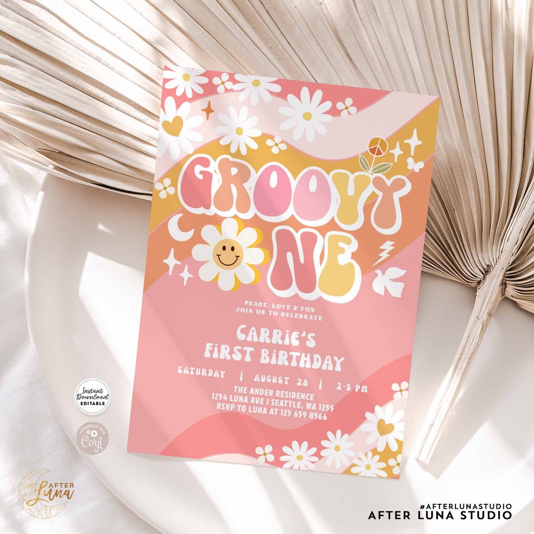 Editable Groovy ONE 1st First Birthday Invite Pink Peach Groovy Daisy ...