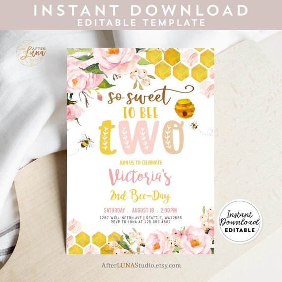 Editable Bee Birthday Invitation Girl Blush Pink Honey Bee 2nd Birthday So Sweet To Bee Two 2nd Bee-Day Invite Instant Download 1574KID