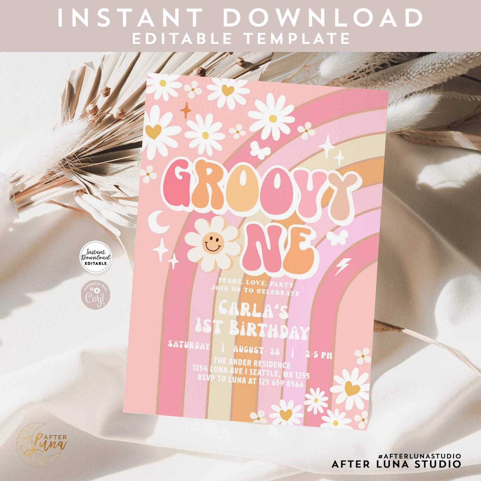 Editable Groovy One Pink Daisy Rainbow Groovy ONE 1st Birthday Invite ...