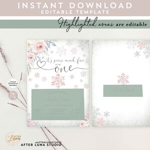 May include: A printable invitation for a first birthday party with a winter theme. The invitation features a pink and white snowflake design with the text "It's snow much fun to be one".