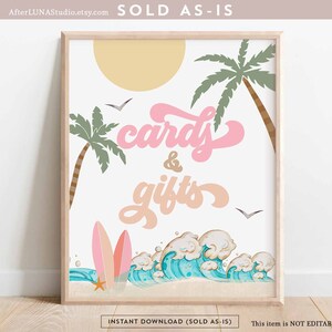 Meisje Pink Peach Surfing Surf verjaardagskaarten en cadeaus Sign The Big One Surf's Up Birthday Party Decor teken afdrukbare Instant Download 630K3