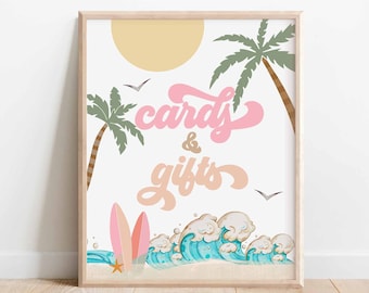 Girl Pink Peach Surfing Surf Birthday Cards and Gifts Sign The Big One Surf's Up Birthday Party Decor Sign Printable Instant Download 630K3