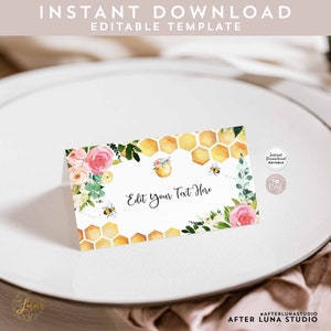 Editable Hot Pink Floral Little Honey Bee Folded Place Card Buffet Food Label Guest Name Card Template Instant Download 841V1
