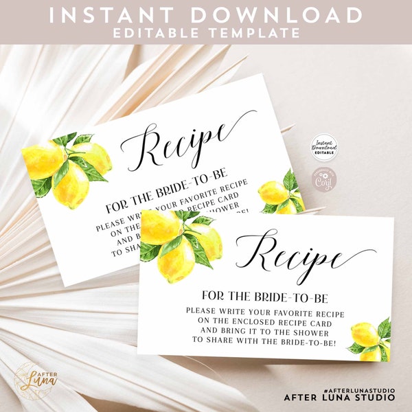 Editable Personalized Citrus Lemon Recipe Card INSERT Greenery Lemon Baby Bridal Shower Insert Printable Template Instant Download 290