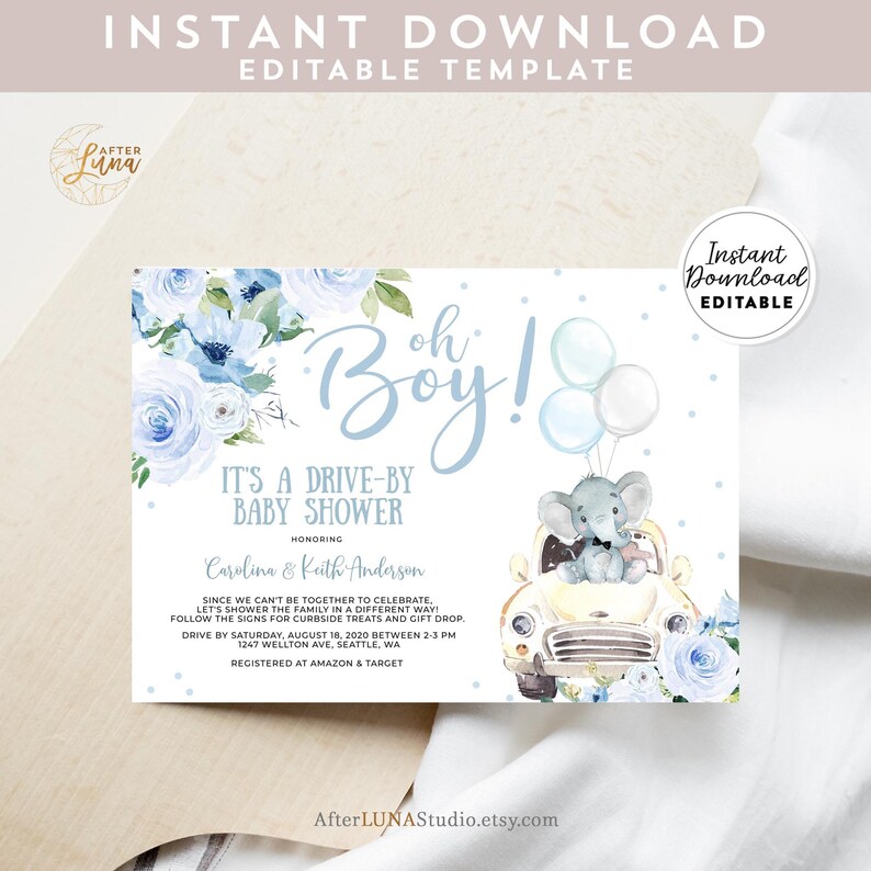Editable Drive by Baby Shower Invitation Boy Elephant Baby Etsy