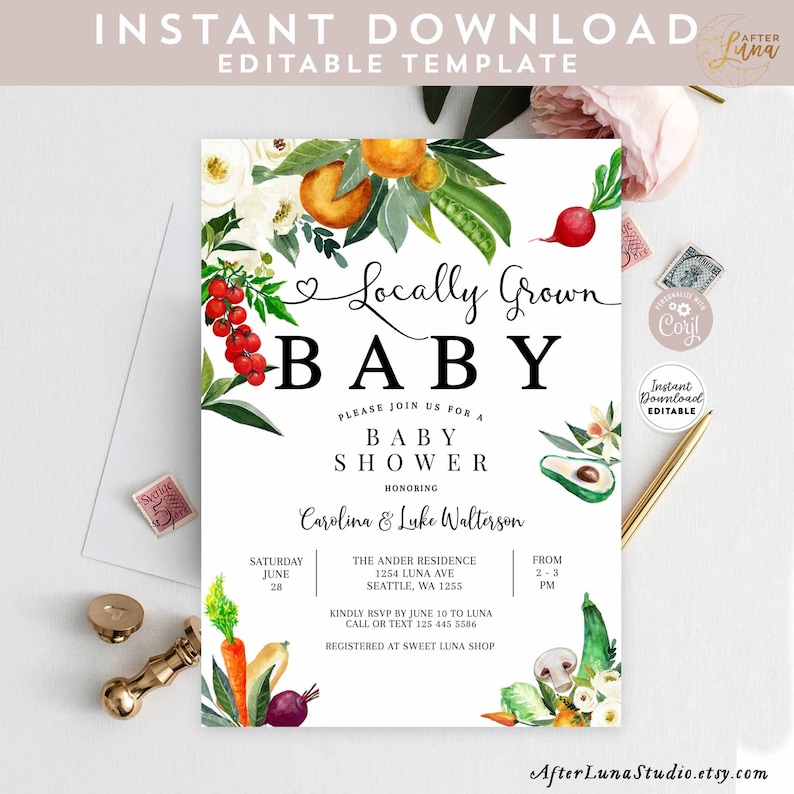 Editable Locally Grown Baby Shower Invites Farmer's Market Etsy