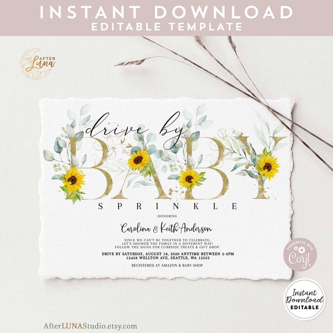 Editable Sunflower Drive by Baby Shower Invitation Gender Neutral Eucalyptus Baby Sprinkle
