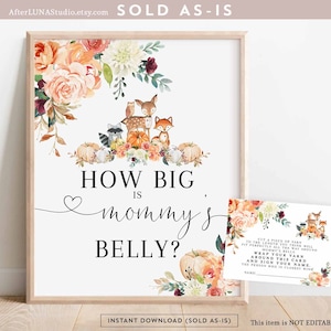 Fall Pumpkin Woodland Animal Guess How Big Is Mommy&#39;s Belly Game Baby Shower Sprinkle Digital Printable Instant Download 454