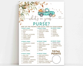 Neutral Fall Pumpkin Teal Truck Baby Shower What's in Your Purse Game Baby Shower Games Baby Shower Game Digital Instant Download 1261V4