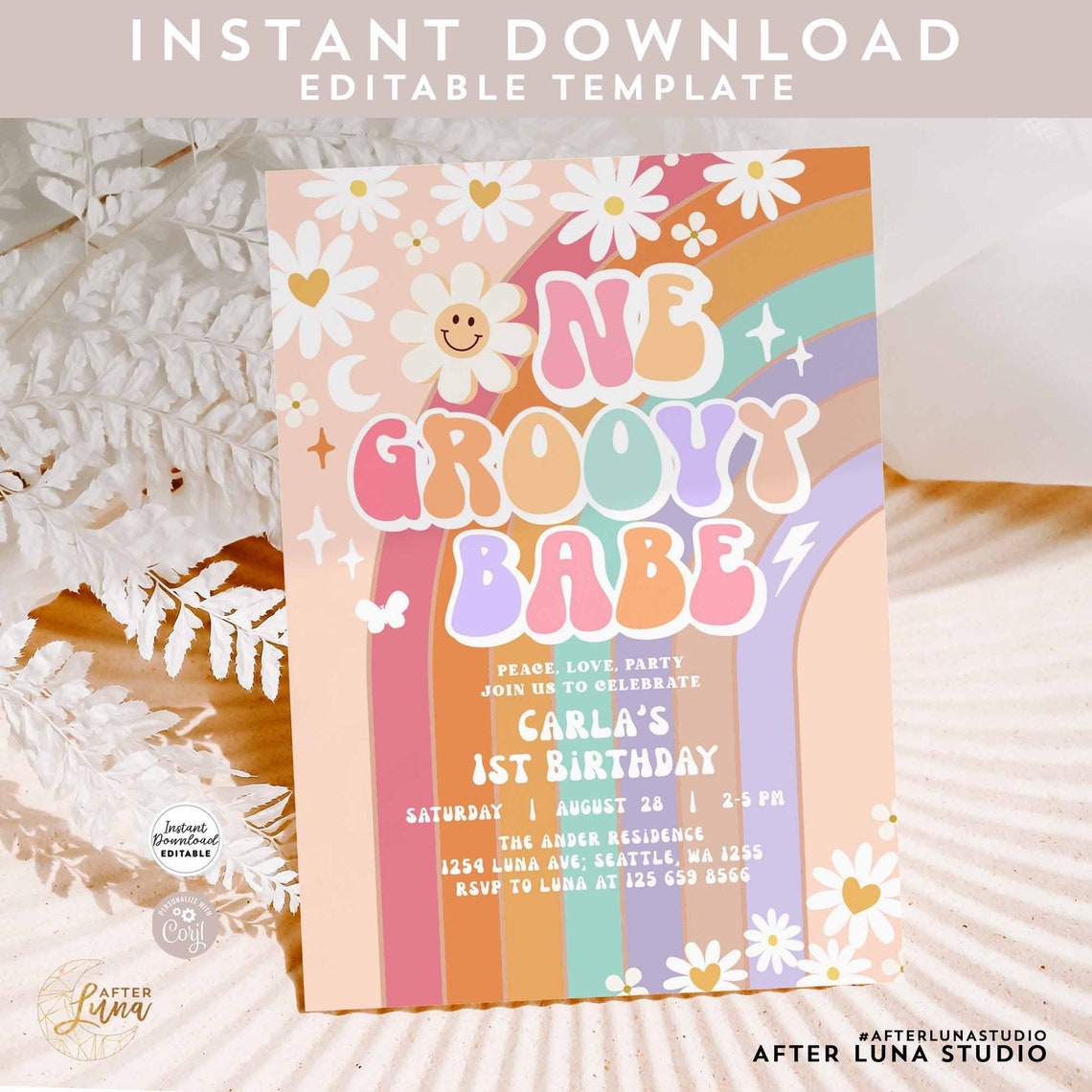 Editable One Groovy Babe Invite Daisy Rainbow Groovy 1st - Etsy