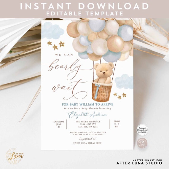 Editable Teddy Bear Hot Air Balloon Baby Shower Invitation Etsy