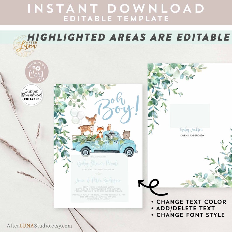 Editable Woodland Drive by Baby Shower Invitation Baby Blue Etsy
