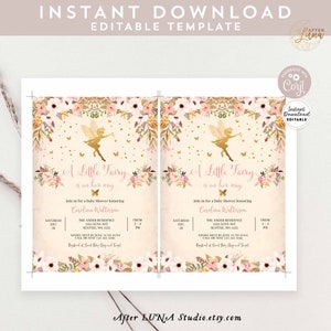 Puede incluir: Una invitaci&oacute;n de baby shower rosa y dorada con una ilustraci&oacute;n de hada y un borde floral. El texto dice "A Little Fairy is on her way".