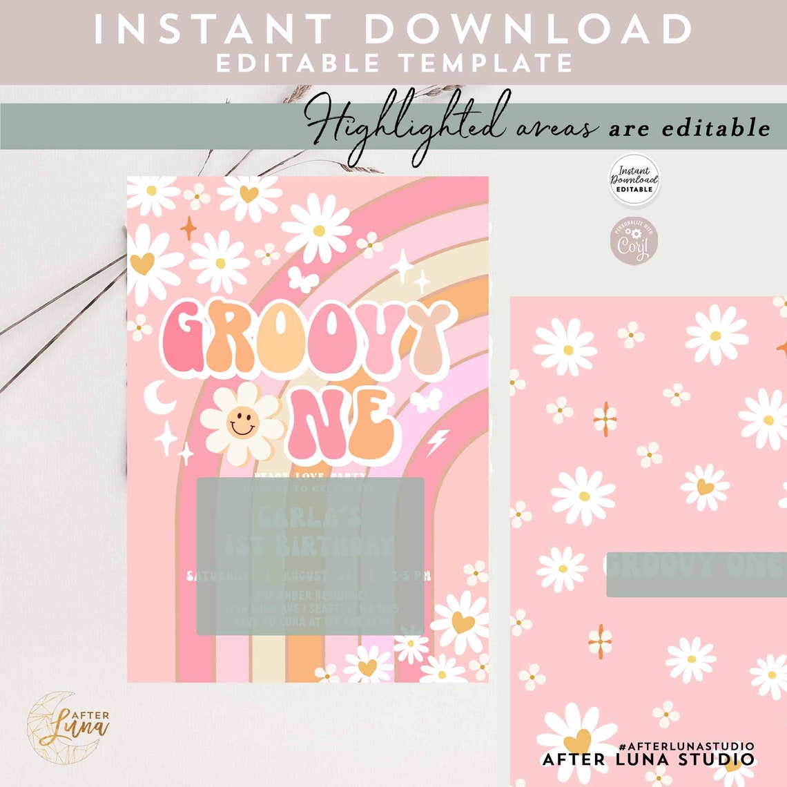 Editable Groovy One Pink Daisy Rainbow Groovy ONE 1st Birthday Invite ...