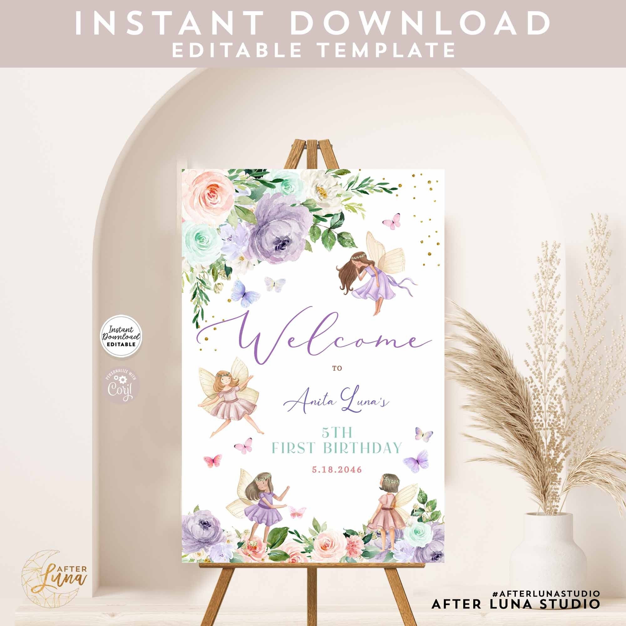 Editable ANY AGE Purple Pink Fairy Wildflower Birthday Baby Shower Birthday Welcome Sign Welcome Yard Sign Template Instant Download 163K1