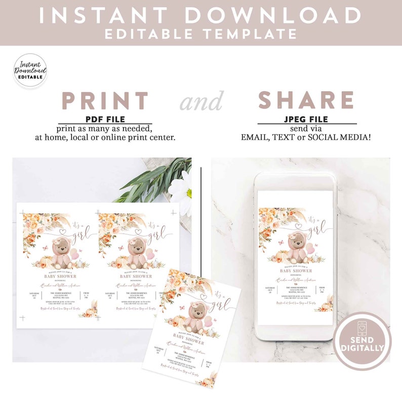 May include: Printable baby shower invitation featuring a cute teddy bear with a pink bow, floral accents, and the text "It's a girl". The invitation is available as a PDF for printing or a JPEG for sharing digitally.