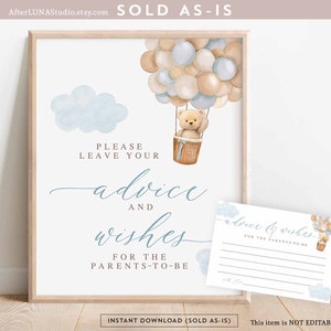 Blauer Junge Teddy Bär Heißluftballon Ratschläge und Wünsche Karten und Zeichen Spiel Boho Wir können Beary warten Baby Shower Digital bedruckbarer Download 905V1