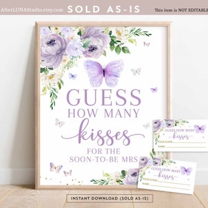 Purple Gold Butterfly Guess How Many Kisses for Mrs Game Printable Butterfly Bridal Shower Games Digital Printable Instant Download 554BR