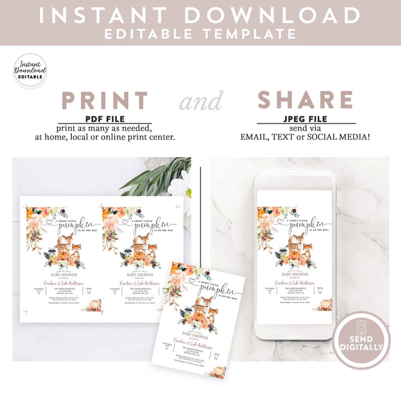 May include: Printable baby shower invitation featuring a watercolor illustration of a pumpkin with a heart and the text "A Sweet Little Pumpkin is on the Way". The invitation is decorated with fall foliage and animals, including a fox, a deer, and a squirrel. The text "Baby Shower" is printed in a script font, and the names "Caroline & Jake Williamson" are printed below.