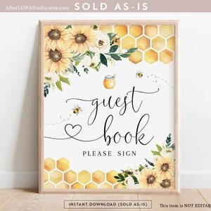 Girasol abeja libro de visitas signo novia a abeja destinado a abeja boda pareja ducha decoración decoración digital imprimible descarga instantánea 846BR1