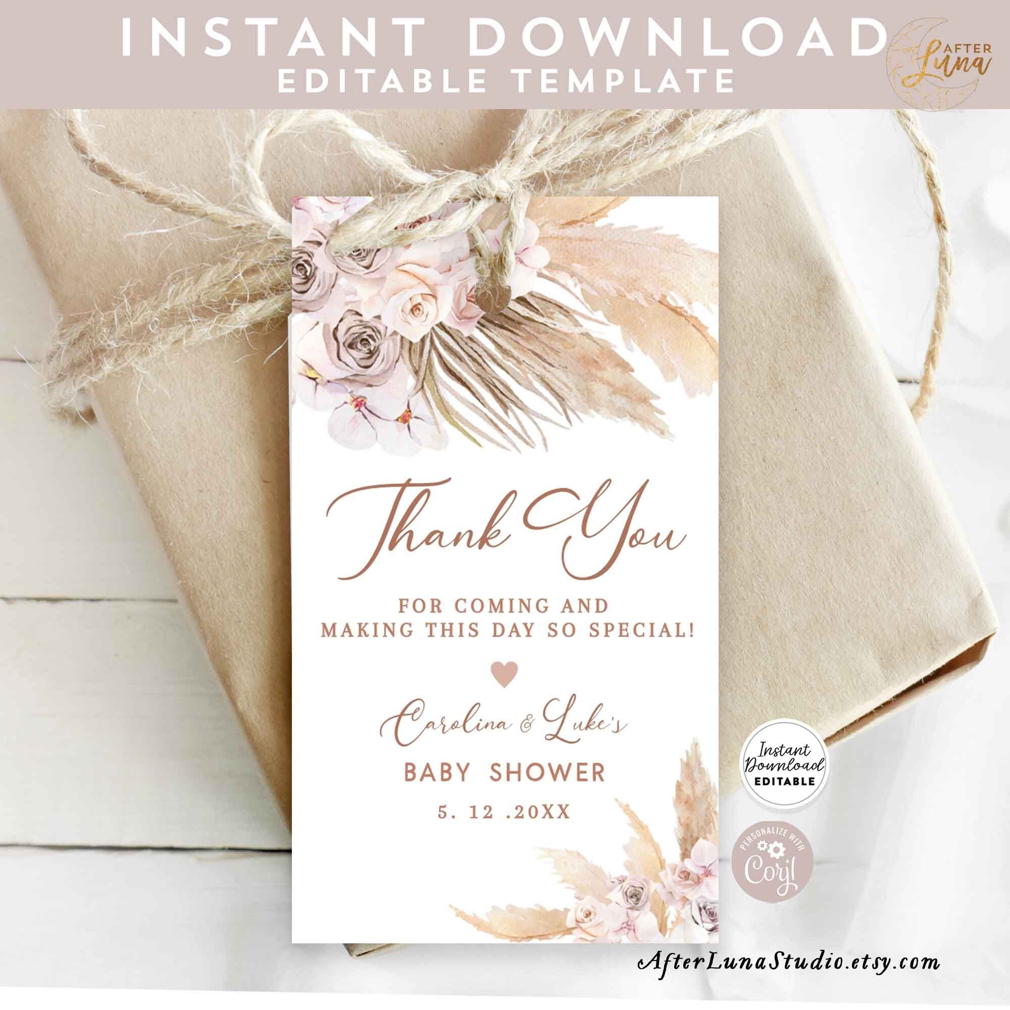 Editable Pampas Grass Bohemian Boho Thank You Favor Tag Baby Shower ...