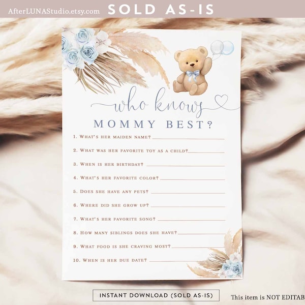 Blue Pampas Grass Boy Teddy Bear Who Knows Mommy Best Game Boho We Can Beary Wait Baby Shower Game Digital Printable Instant Download 904V3